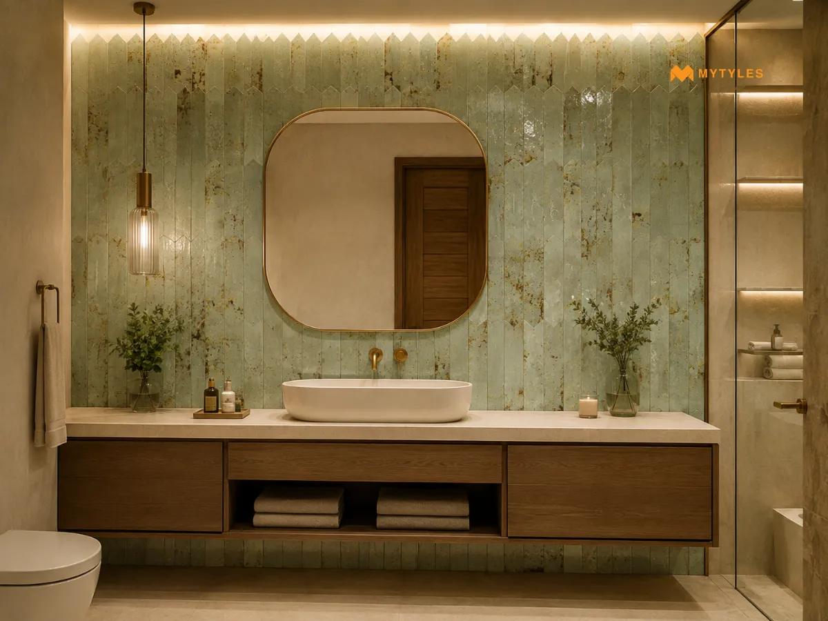 Sage Green Picket Tiles with a Wooden Vanity